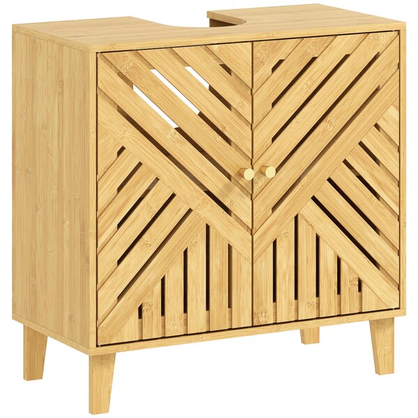 HOMCOM Mobile Sottolavabo per Bagno con 2 Ante a Doghe, Ripiano Regolabile, Gambe in Bambù, per Lavabi senza Colonna, 60x30x60 cm, Naturale | Aosom Italy