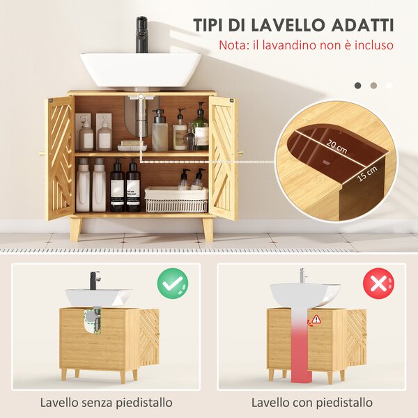 HOMCOM Mobile Sottolavabo per Bagno con 2 Ante a Doghe, Ripiano Regolabile, Gambe in Bambù, per Lavabi senza Colonna, 60x30x60 cm, Naturale | Aosom Italy