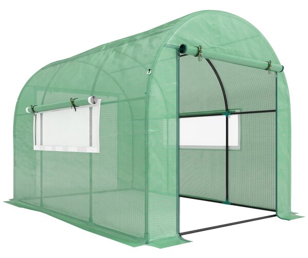 Outsunny Serra a Tunnel per Orto 3x2x2 m in Acciaio e PE Anti UV con Porte Avvolgibili e Finestre, Verde | Aosom Italy
