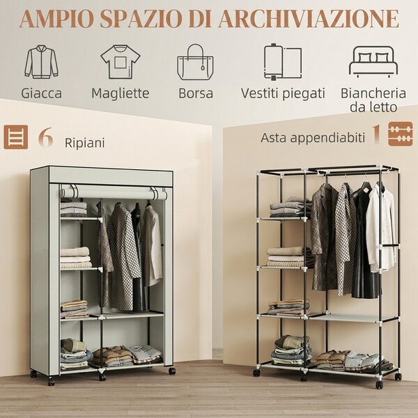 HOMCOM Armadio Portatile in Tessuto non Tessuto e Acciaio con Ruote, 6 Ripiani Aperti, Appendino, Crema | Aosom Italy