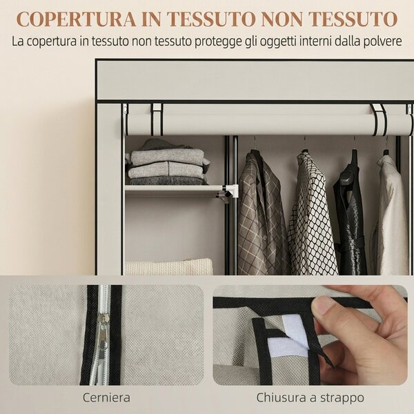 HOMCOM Armadio Portatile in Tessuto non Tessuto e Acciaio con Ruote, 6 Ripiani Aperti, Appendino, Crema | Aosom Italy