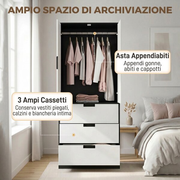HOMCOM Armadio 2 Ante con 3 Cassetti, Moderno Armadio con Barra Appendiabiti, per Camera da Letto, Nero Bianco | Aosom Italy