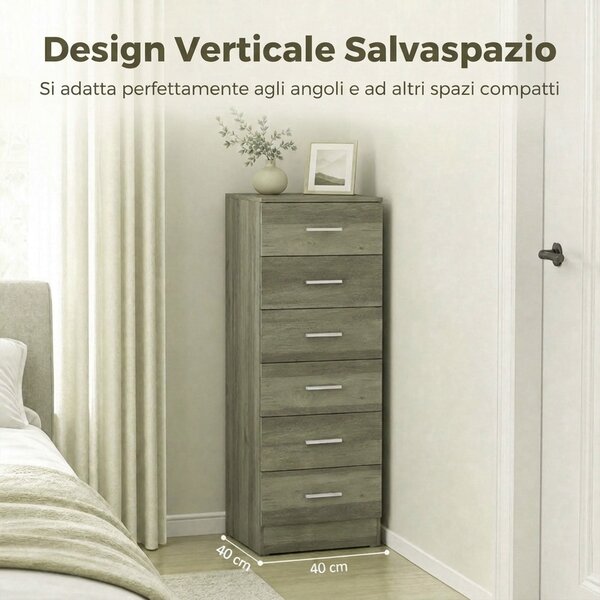 HOMCOM Cassettiera Moderna a 6 Cassetti per Camera, 40x40x110 cm, Grigio | Aosom Italy