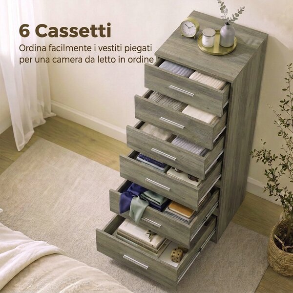 HOMCOM Cassettiera Moderna a 6 Cassetti per Camera, 40x40x110 cm, Grigio | Aosom Italy