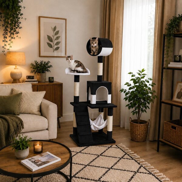 Tiragraffi per gatti Belviona, albero da arrampicata per gatti con cuccia, amaca, scaletta e piattaforma di riposo, 133 cm, bianco e nero