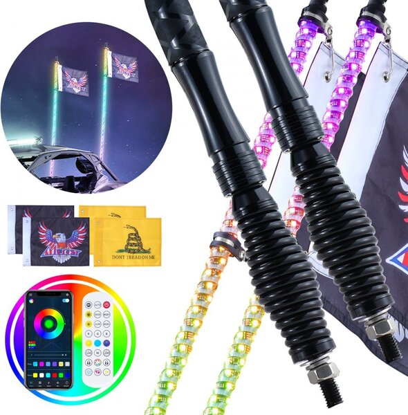 2 pezzi. Faro a frusta a LED con app e telecomando, impermeabile a 360° a spirale RGB con 2 bandiere, 1219,2 mm - Faro a frusta a LED per UTV, ATV e RZR