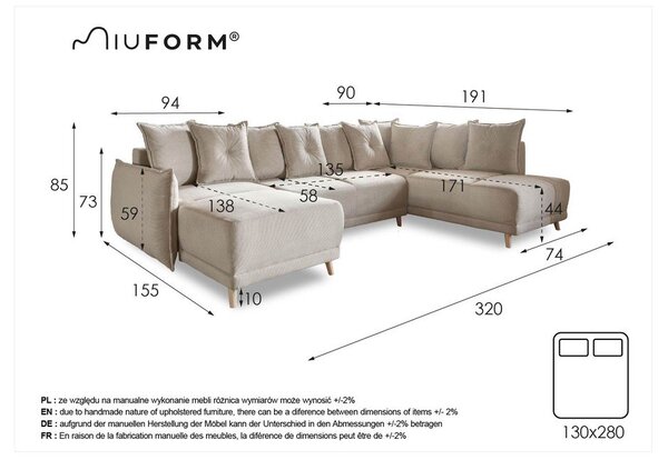 Divano letto angolare in velluto a coste beige (angolo destro a forma di U) Lazy Lukka - Miuform