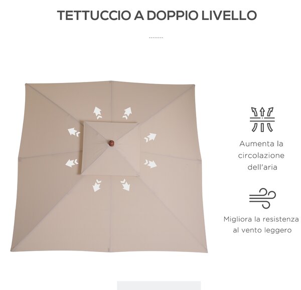 Outsunny Ombrellone da Giardino 3x3m con 8 Stecche in Bamboo e Copertura Parasole a 2 Livelli, Crema|Aosom