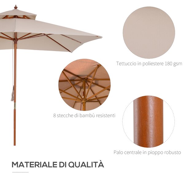 Outsunny Ombrellone da Giardino 3x3m con 8 Stecche in Bamboo e Copertura Parasole a 2 Livelli, Crema|Aosom