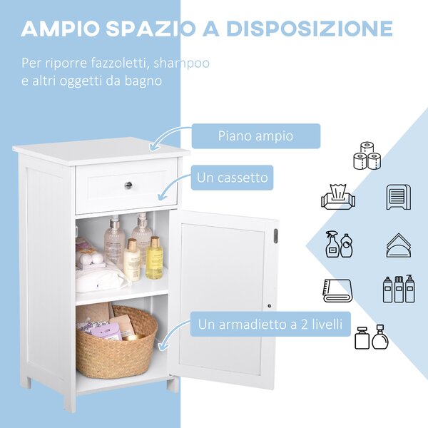 Kleankin Mobiletto moderno bagno, Armadietto 2 Cassetti e Ripiani regolabili, Design Anti-Ribaltamento, in MDF 43 x 34 x 77cm Bianco|Aosom Italy