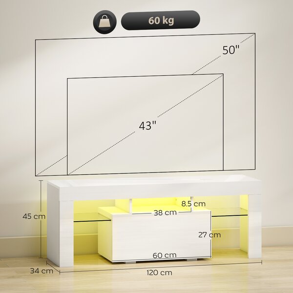 HOMCOM Mobile TV, con illuminazione LED e ripiani in vetro temperato, 120x34x45cm, Bianco | Aosom Italy