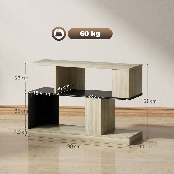 HOMCOM Tavolino a forma S, a 3 livelli con scaffali, 90 x 30 x 61 cm, Legno naturale e nero | Aosom Italy
