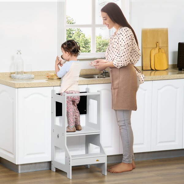 HOMCOM Scala Montessori 3 in 1 per Bambini con 1 Lavagna e Bordi Alti di Sicurezza, in Legno, 42x44x86 cm, Grigio | Aosom Italy