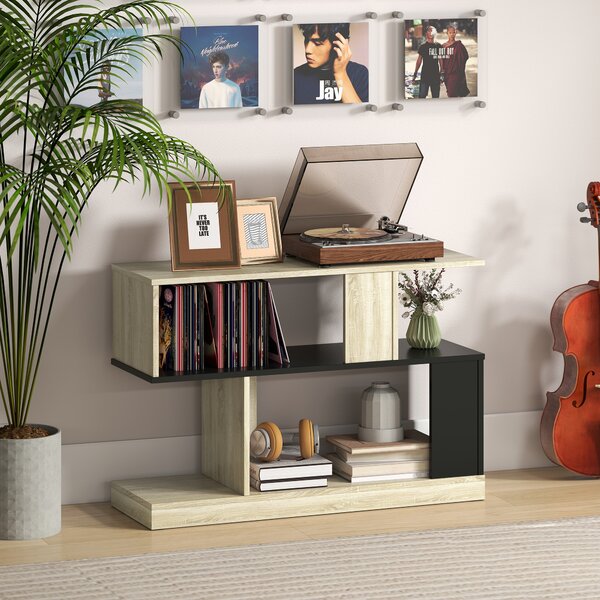 HOMCOM Tavolino a forma S, a 3 livelli con scaffali, 90 x 30 x 61 cm, Legno naturale e nero | Aosom Italy
