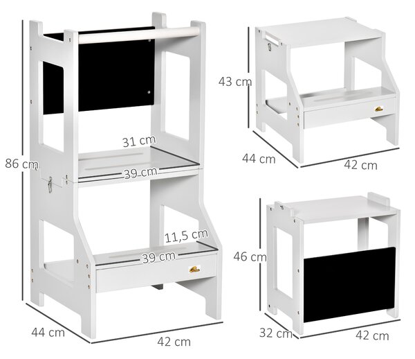HOMCOM Scala Montessori 3 in 1 per Bambini con 1 Lavagna e Bordi Alti di Sicurezza, in Legno, 42x44x86 cm, Grigio | Aosom Italy