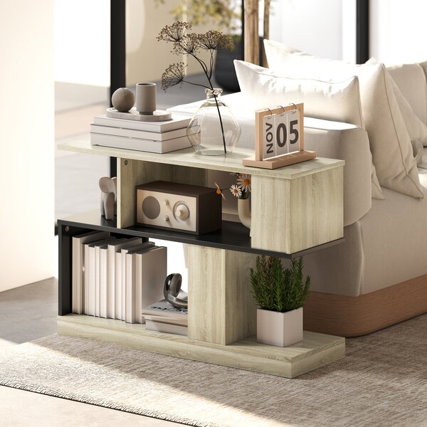 HOMCOM Tavolino a forma S, a 3 livelli con scaffali, 90 x 30 x 61 cm, Legno naturale e nero | Aosom Italy
