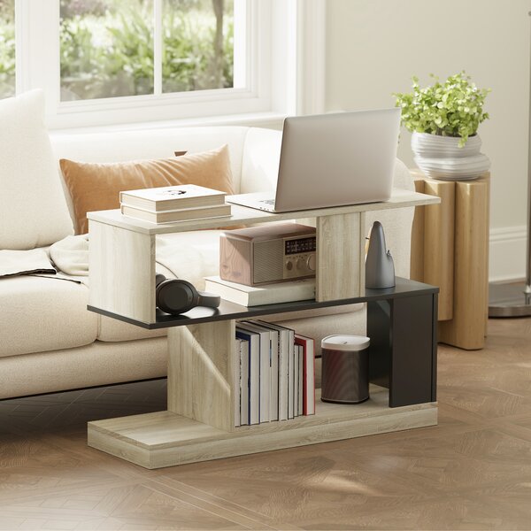 HOMCOM Tavolino a forma S, a 3 livelli con scaffali, 90 x 30 x 61 cm, Legno naturale e nero | Aosom Italy