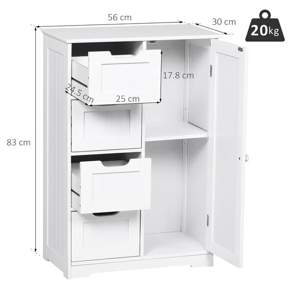 Kleankin Mobile Bagno Salvaspazio Slim con 4 Cassetti e 1Armadietto, Ripiano Regolabile e Anti-Ribaltamento in MDF Bianco 56x30x83cm |Aosom Italy