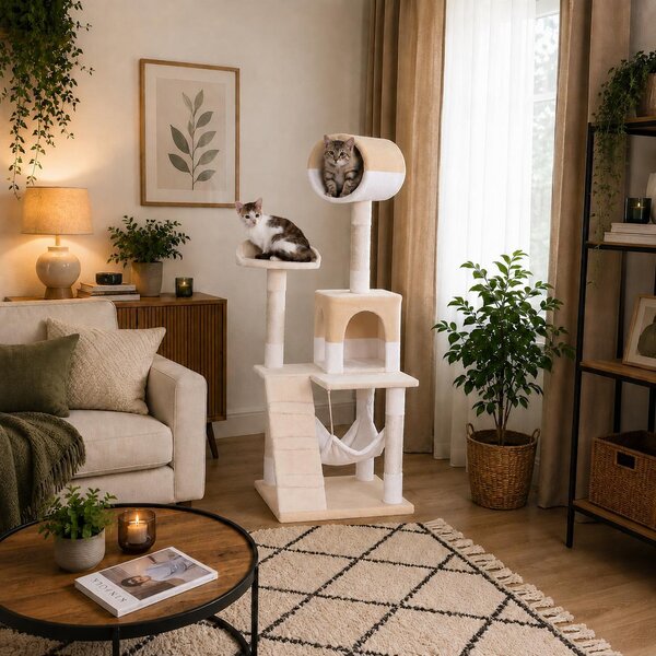 Tiragraffi per gatti Belviona, albero da arrampicata per gatti con cuccia, amaca, scaletta e piattaforma di riposo, 133 cm, beige/bianco