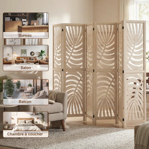 HOMCOM Paravento Interno a 6 Pannelli Pieghevole e Portatile, Motivo a Foglia, Design Rimovibile, 240x1,7x170 cm, Legno Naturale | Aosom Italy