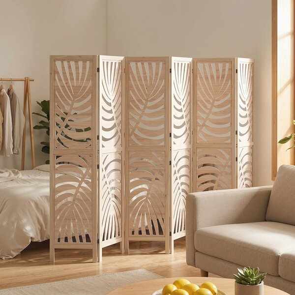 HOMCOM Paravento Interno a 6 Pannelli Pieghevole e Portatile, Motivo a Foglia, Design Rimovibile, 240x1,7x170 cm, Legno Naturale | Aosom Italy