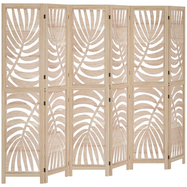 HOMCOM Paravento Interno a 6 Pannelli Pieghevole e Portatile, Motivo a Foglia, Design Rimovibile, 240x1,7x170 cm, Legno Naturale | Aosom Italy