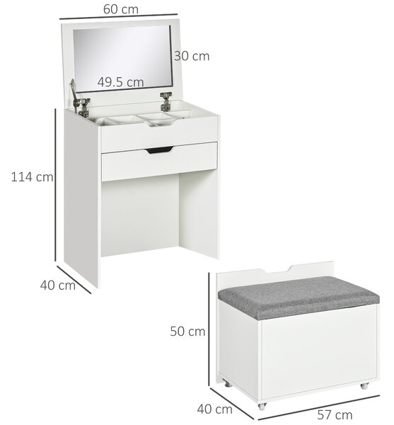 HOMCOM Toeletta da Camera con Specchiera, Cassetto e Sgabello Abbinato in Legno, Bianco|Aosom