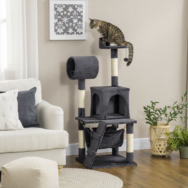 PawHut Albero per Gatti in Truciolato, Peluche e Sisal con Tiragraffi per Gatti, Casetta, Amaca, Letto, Tunnel e Pallina, 48x48 x125 cm, Grigio|Aosom